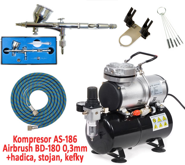 Airbrush set: Kompresor AS-186 a pištoľ BD-180 0,2+hadica+stojan+čistiace kefky