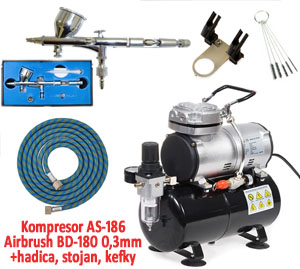 Airbrush set: Kompresor AS-186 a pištoľ BD-180 0,2+hadica+stojan+čistiace kefky