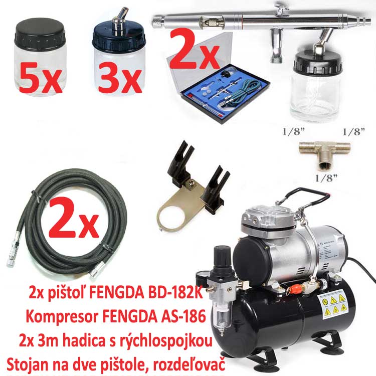 PROFI CUKRÁR: Kompresor AS-186 + 2x pištoľ BD-182K, 2x hadica s rýchlospojkou