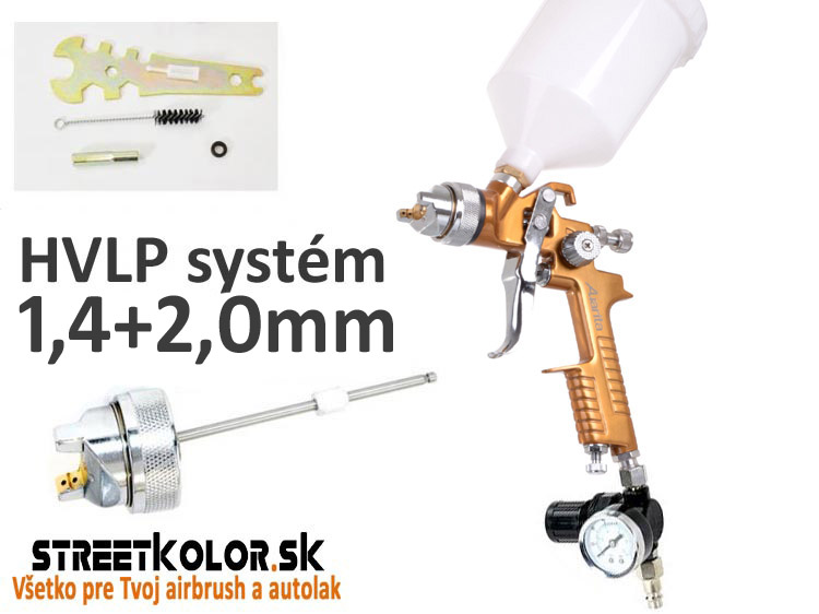 Striekacia pištoľ Auarita H-827G HVLP 1,4mm + 2,0mm + regulátor tlaku pod pištoľ