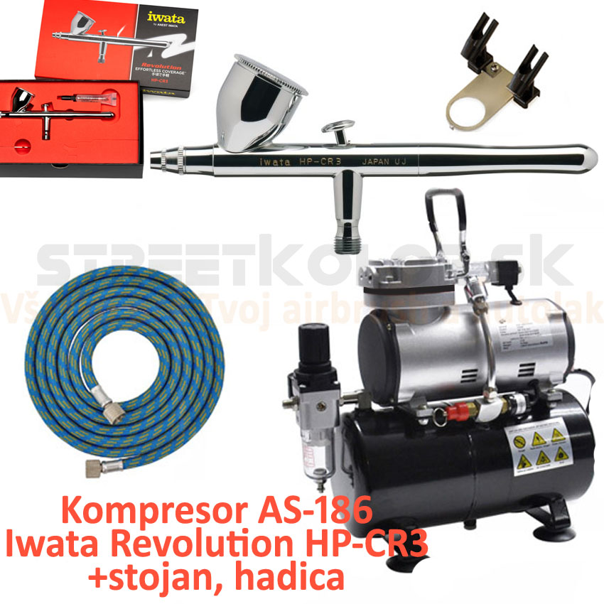 Airbrush set:Kompresor AS-186 a pištoľ Iwata Revolution HP-CR3 +hadica +stojan