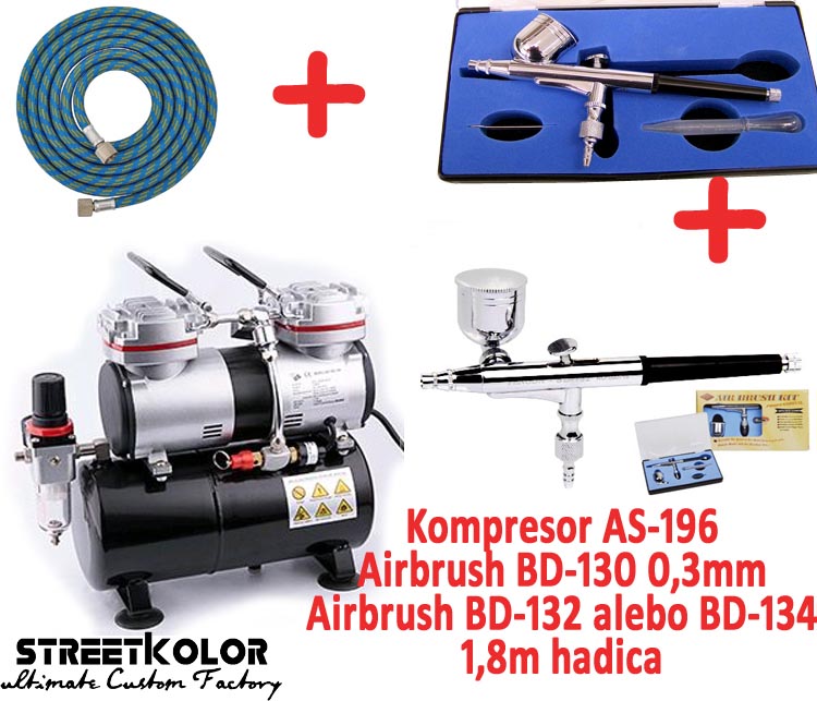 Airbrush set: 2x Airbrush pištoľ a airbrush kompresor AS-196 + 1x hadica