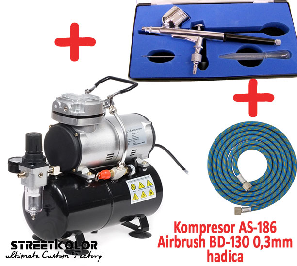 Airbrush set: Kompresor AS-186 a pištoľ BD-130 + hadica