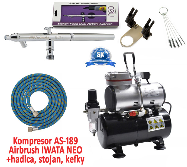 Airbrush set: Kompresor AS-189 a pištoľ IWATA NEO HP-BCN + hadica + stojan+kefky