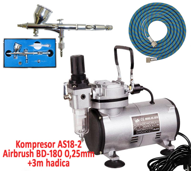 Airbrush set: Kompresor AS18-2 + Airbrush pištoľ BD-180 0,25mm + hadica
