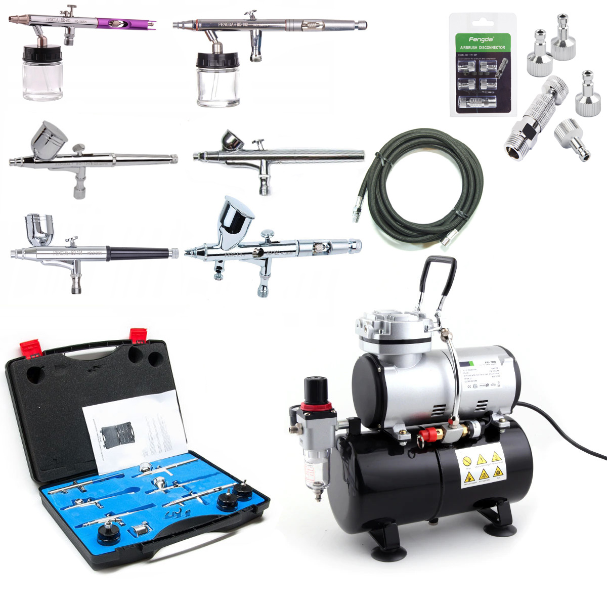 Airbrush set: Kompresor FENGDA AS-186 + 6 x airbrush pištoľ ( Fengda BD-130, BD-800, BD-180, BD-182, BD-137, BD-134 ) + hadica + rýchlospojky