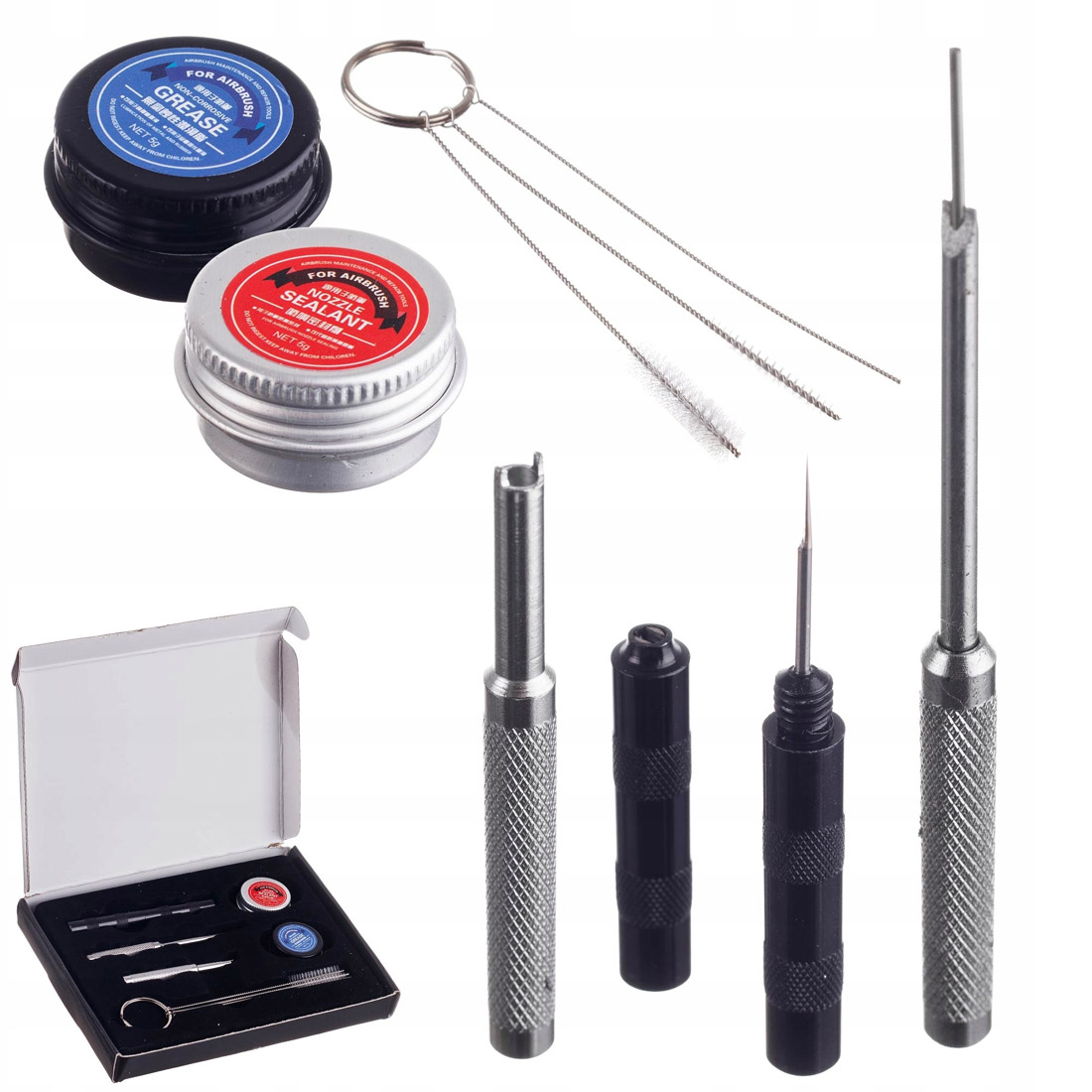Čistiaca sada s mazivom, kefkami, skrutkovačom a čistiacou ihlou OCTAGON pre čistenie airbrush pištolí