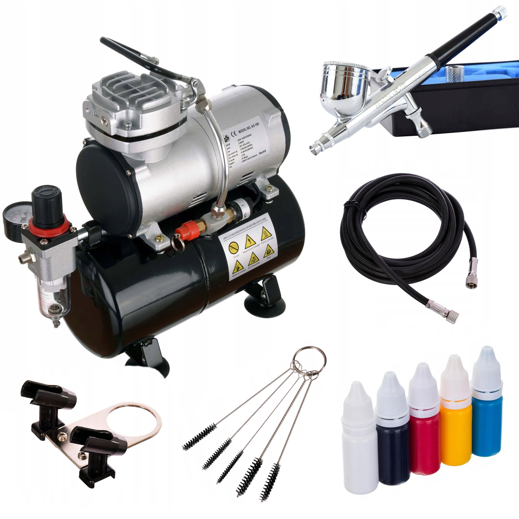 Airbrush set FENGDA: Kompresor AS-186 a pištoľ BD-130 + hadica + stojan + kefky + farby