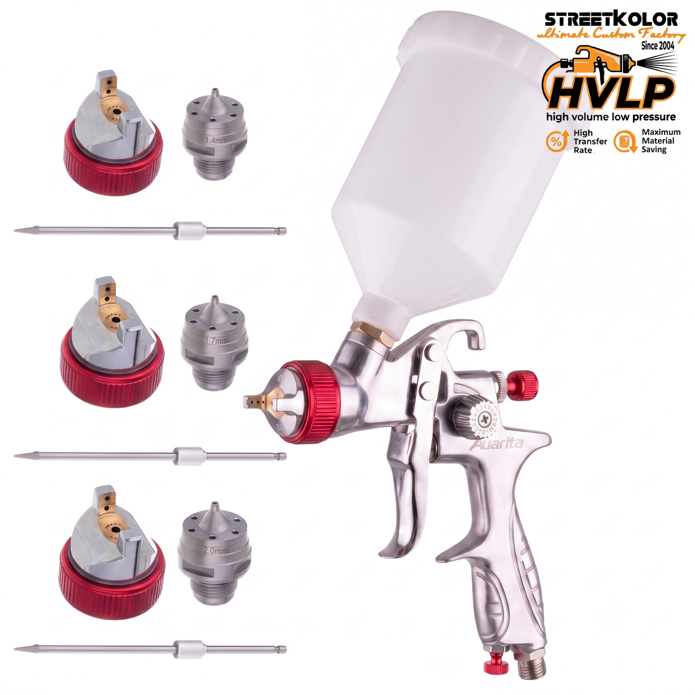 Striekacia pištoľ Auarita H-887P HVLP 1,3 mm + 1,4 mm + 1,7 mm + 2,0 mm náhradné sady (170-300 l/min.)