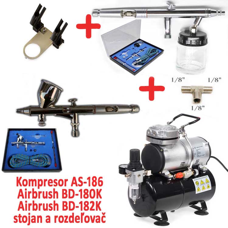Airbrush set: Kompresor AS-186 + pištoľ BD-180K + pištoľ BD-182K