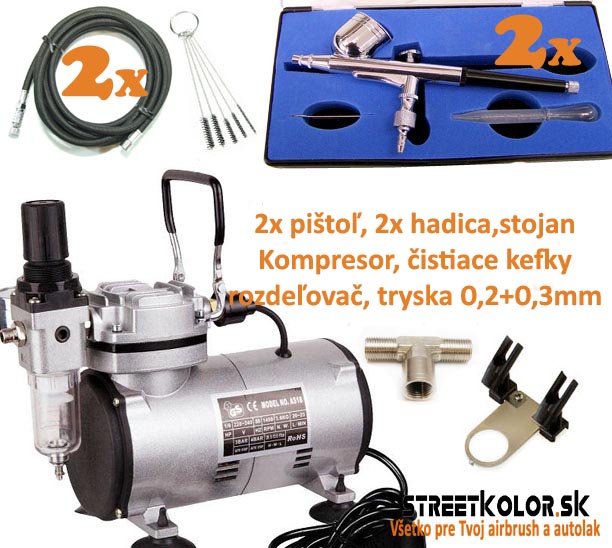 Profi modelár: Kompresor a 2x pištoľ BD-130+2x hadica+Stojan+kefky, dve trysky