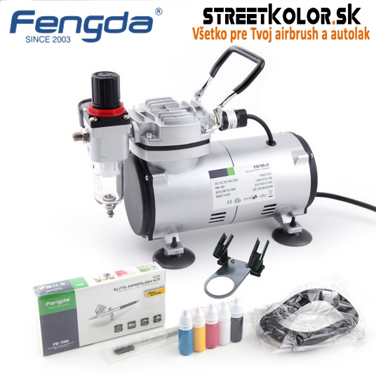 Airbrush set FENGDA: Kompresor FD18-2 a pištoľ FE-130 + hadica + kefky+farby