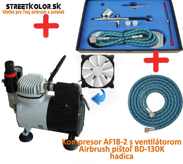 Airbrush set: Kompresor AF18-2 a pištoľ Fengda BD-130K 0,2+0,3+0,5mm + hadica
