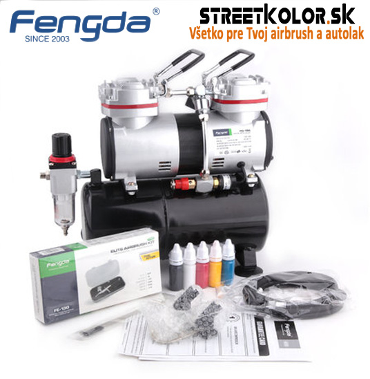 Airbrush set FENGDA: Kompresor FD-196 a pištoľ FE-130 + hadica + kefky + farby