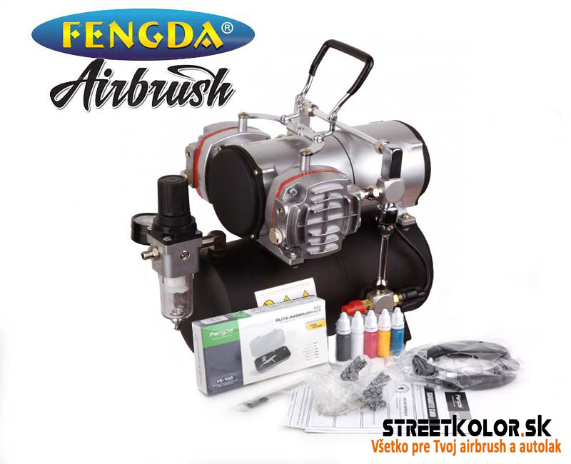 Airbrush set FENGDA: Kompresor AS-28A a pištoľ FE-130 + hadica + kefky + farby