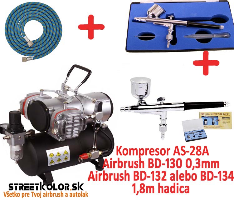 Airbrush set: 2x Airbrush pištoľ a airbrush kompresor AS-28A + 1x hadica