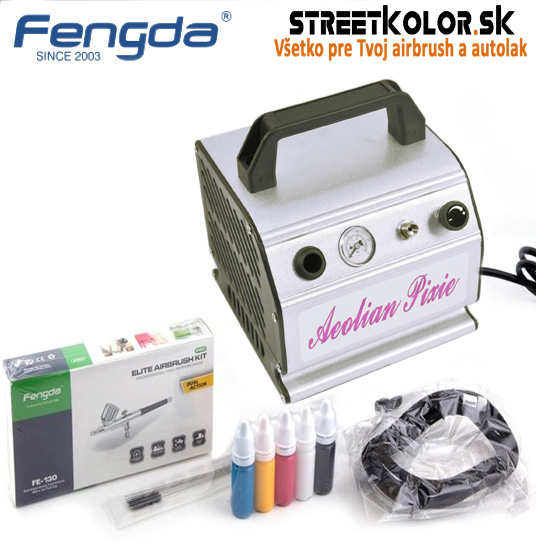 Airbrush set FENGDA: Kompresor AS-176 a pištoľ BD-130 + hadica + kefky + farby