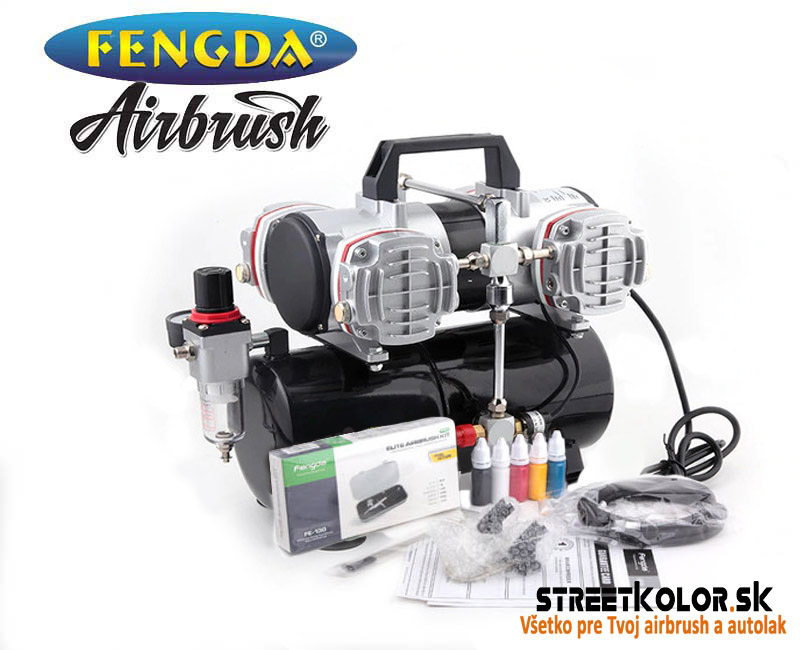Airbrush set FENGDA: Kompresor AS-48A a pištoľ FE-130 + hadica + kefky + farby