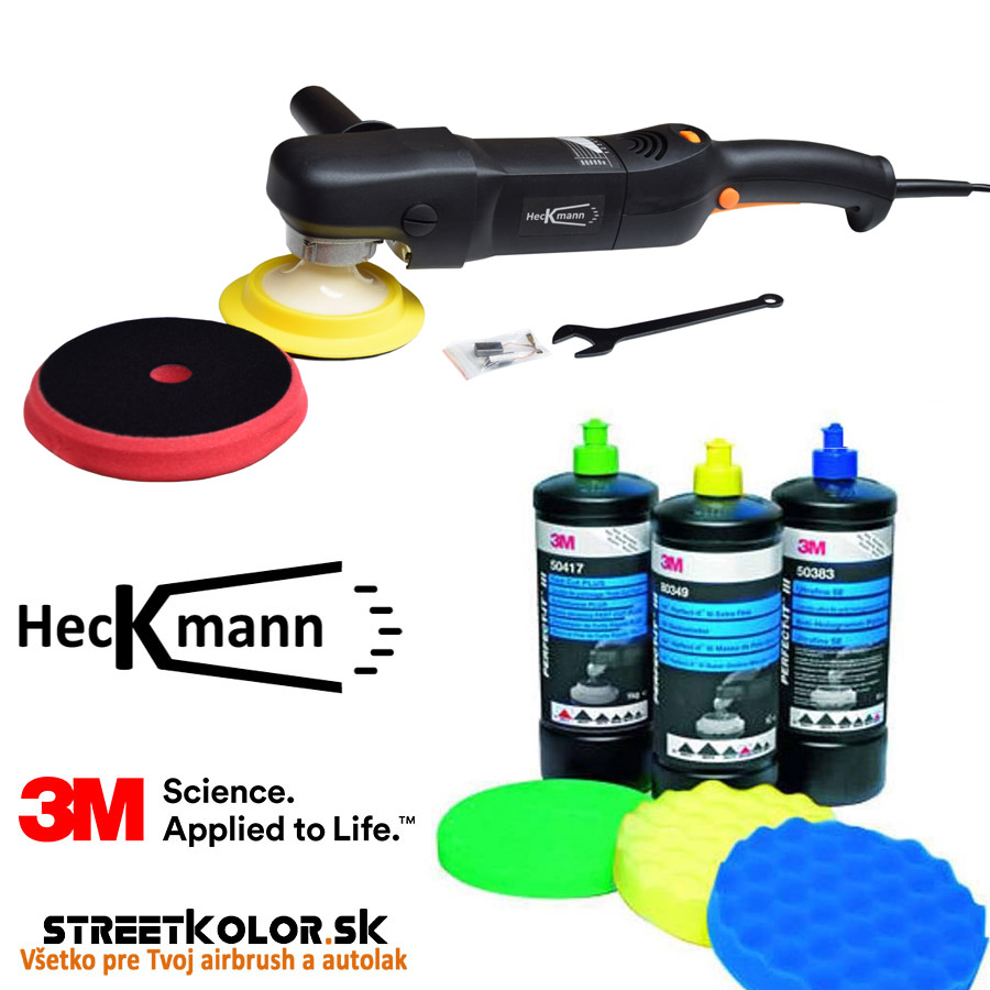 Leštiaci set: Leštička Heckmann P800 a Kompletný set 3 pást 250 + 500ml, kotúčov