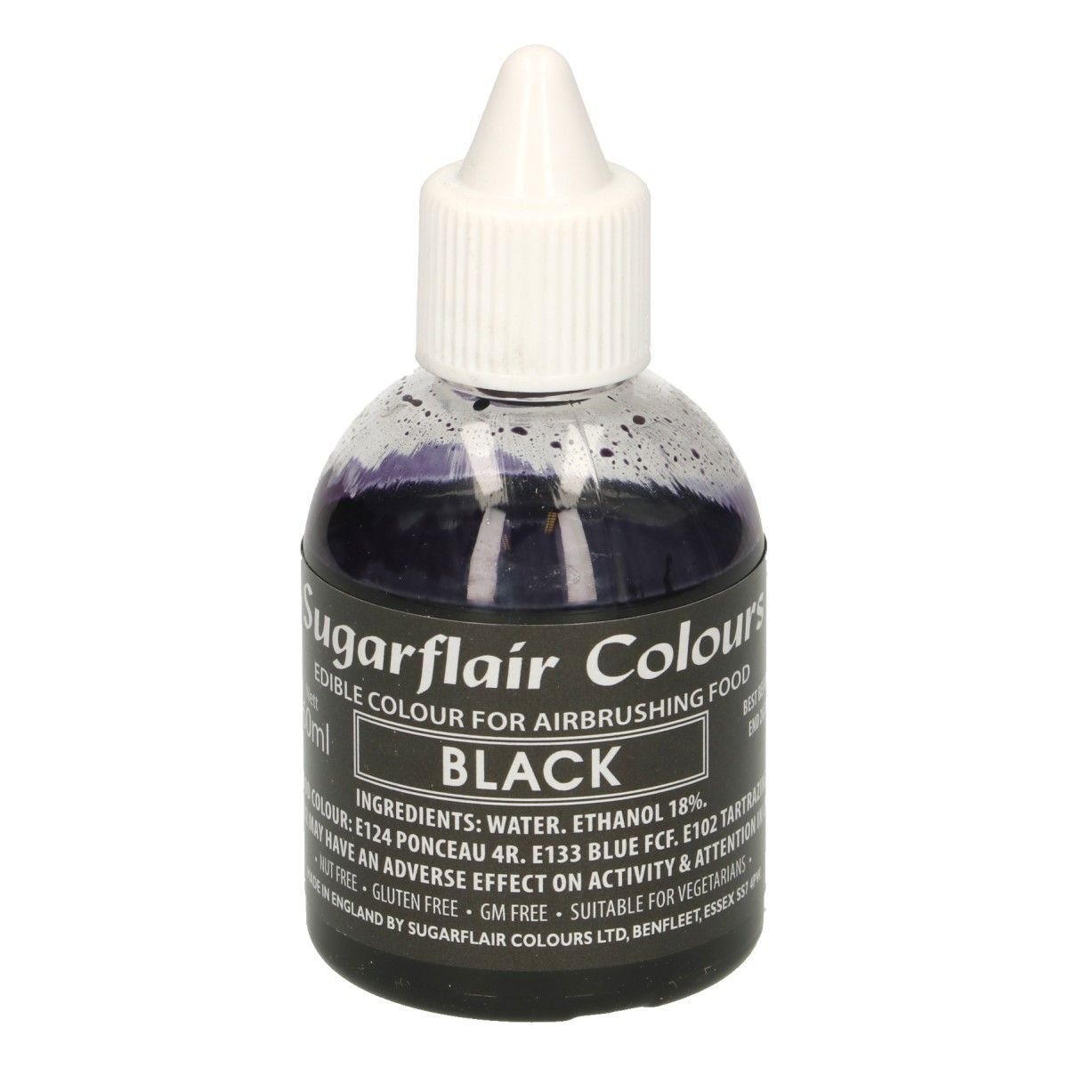Sugarflair black, čierna potravinárska airbrush farba, 60ml