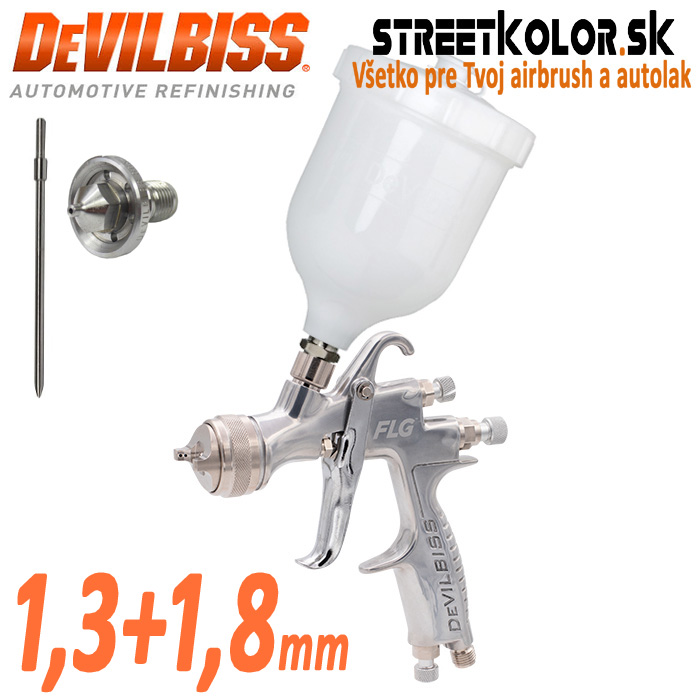 DeVilbiss FLG-5 1,3mm striekacia pištoľ pre metalízu a lak + 1,8mm pre plnič