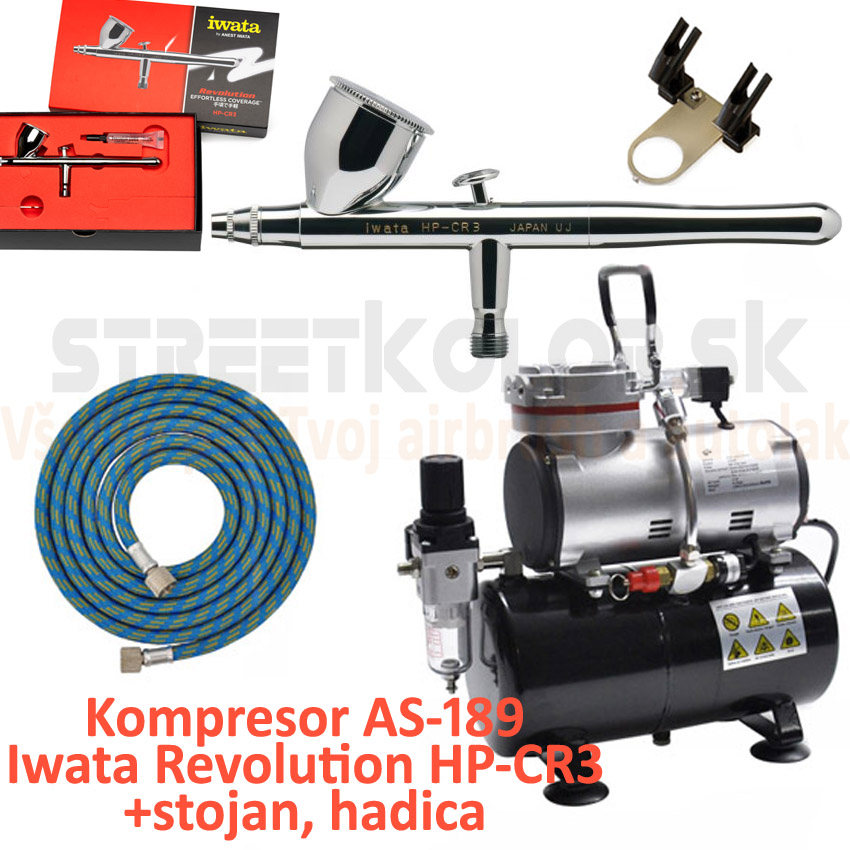 Airbrush set:Kompresor AS-189 a pištoľ Iwata Revolution HP-CR3 +hadica +stojan
