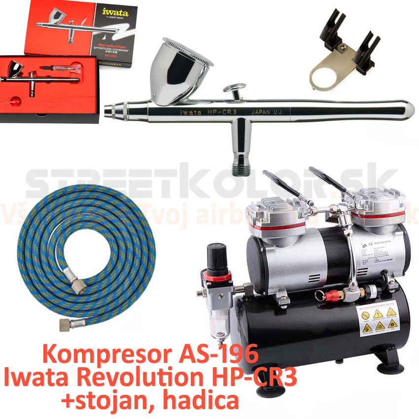 Airbrush set:Kompresor AS-196 a pištoľ Iwata Revolution HP-CR3 +hadica +stojan