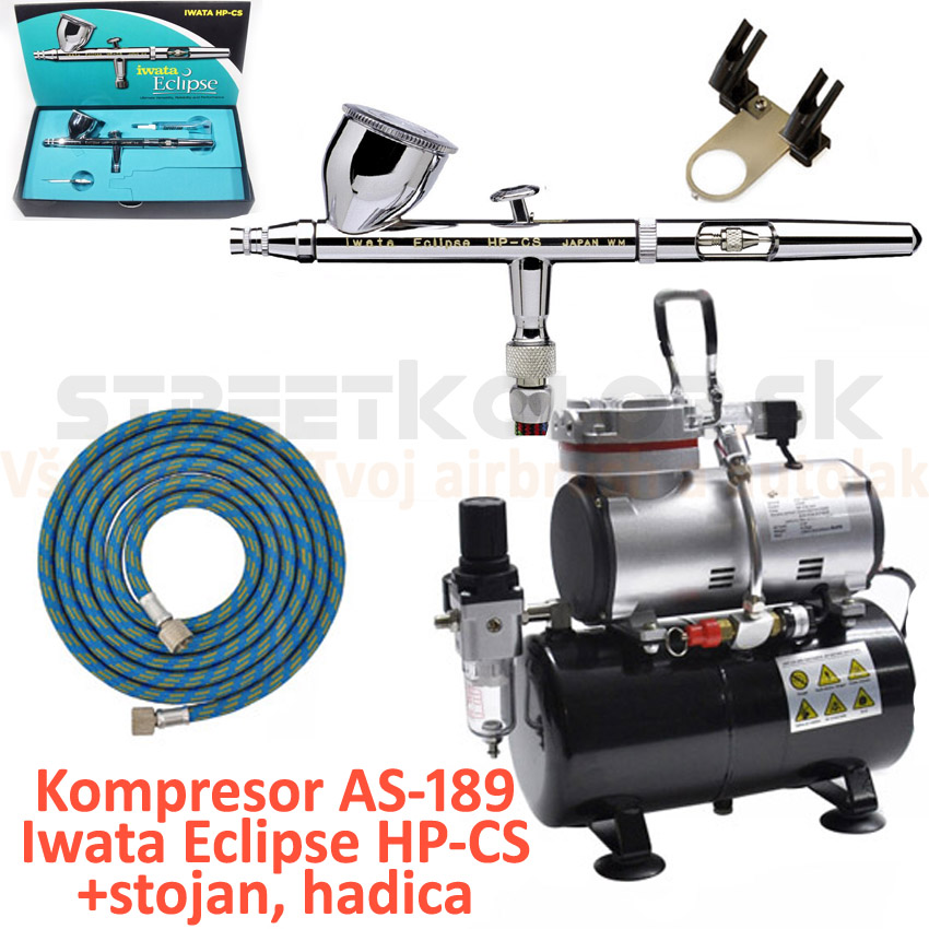 Airbrush set:Kompresor AS-189 a pištoľ Iwata Eclipse HP-CS +hadica +stojan