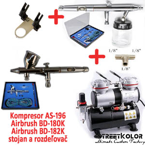 Airbrush set FENGDA: Kompresor AS-196 + pištoľ BD-180K + pištoľ BD-182K