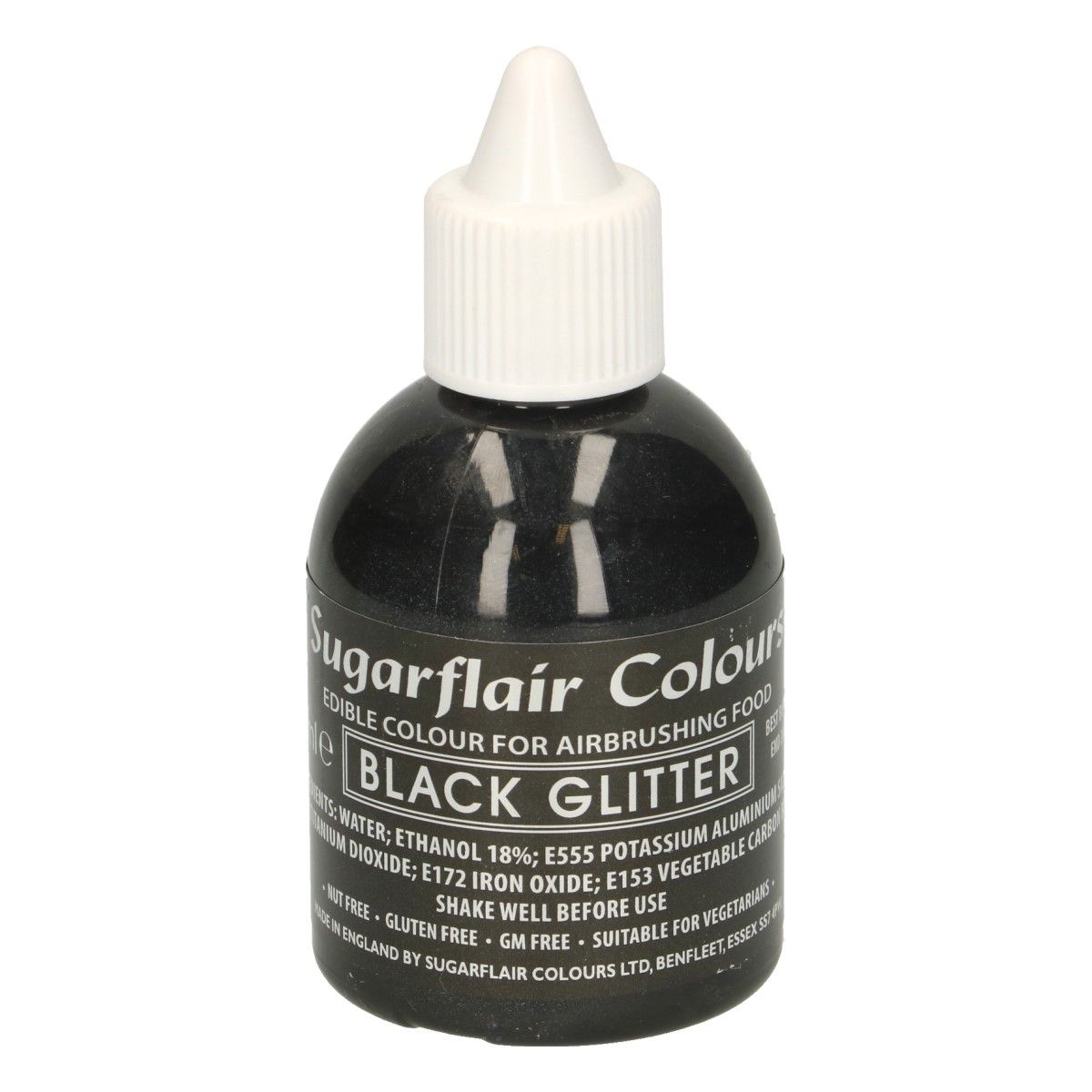 Sugarflair GLITTER BLACK, Trblietavá čierna potravinárska airbrush farba, 60ml