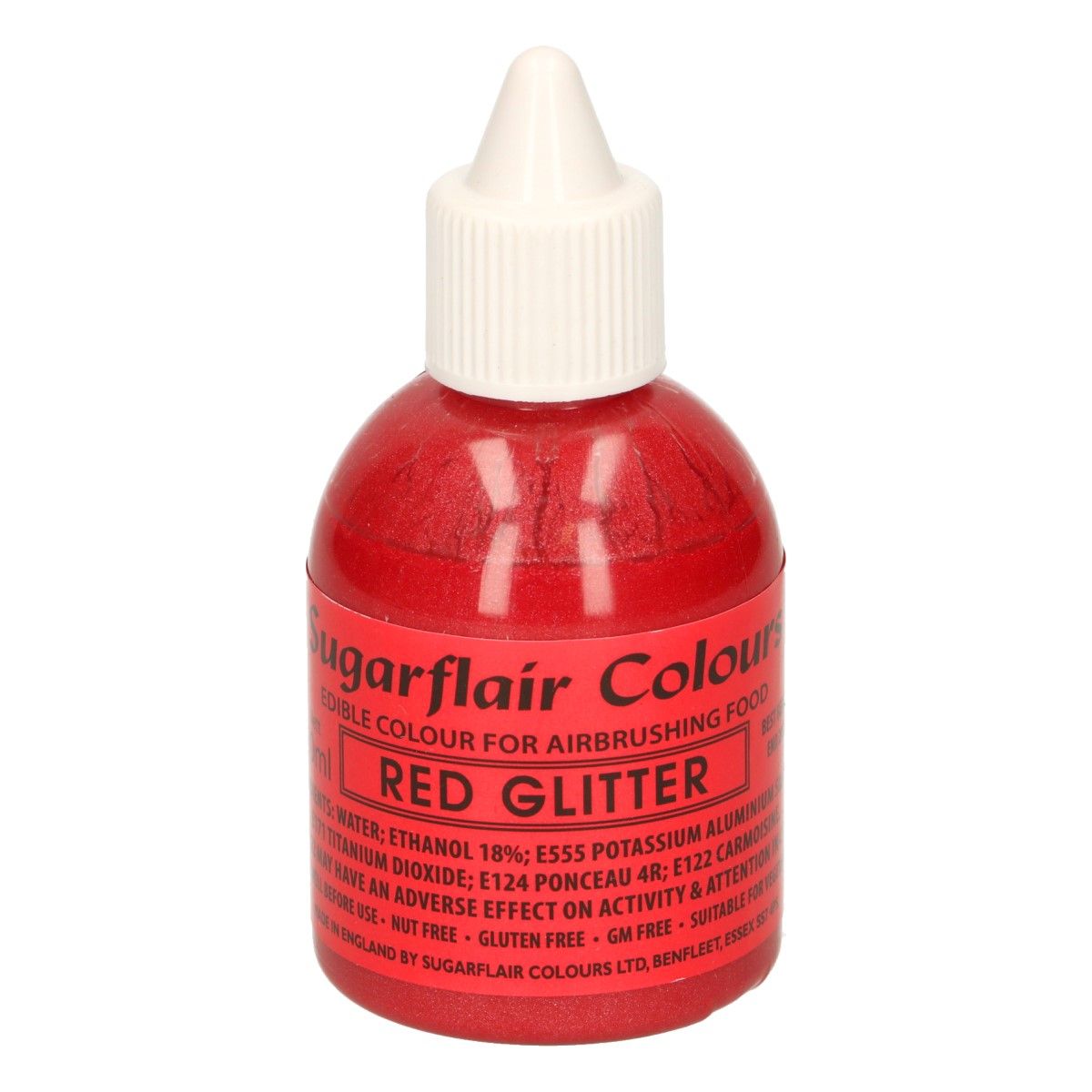 Sugarflair GLITTER RED, Trblietavá červená potravinárska airbrush farba, 60ml