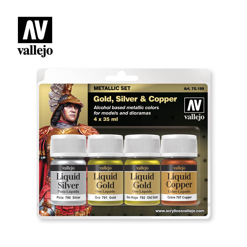 Vallejo 70.199 Liquid Metal sada vysokolesklých airbrush farieb, 4 x  35 ml