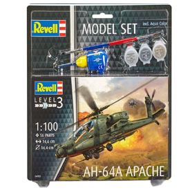 Revell AH-64A Apache Model Set vrtuľník 1:100, 56 dielov + farby + lepidlo + štetec