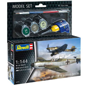Revell Messerschmitt Bf109E & Junkers Ju87B Stuka Model Set dvoch lietadiel 1:144, 39 dielov + farby + lepidlo + štetec