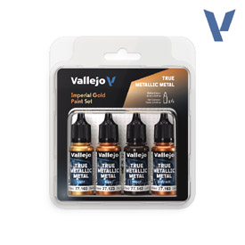 Vallejo 77.252 sada airbrush farieb True Metallic, Odtieň Imperial Gold, 4x18ml