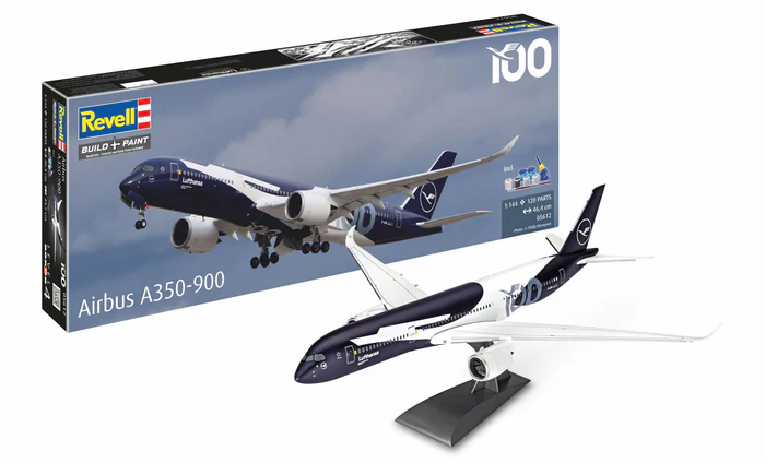 Revell Airbus A350-900 Lufthansa Model Set lietadlo 1:144, 120 dielov + farby + štetec + lepidlo