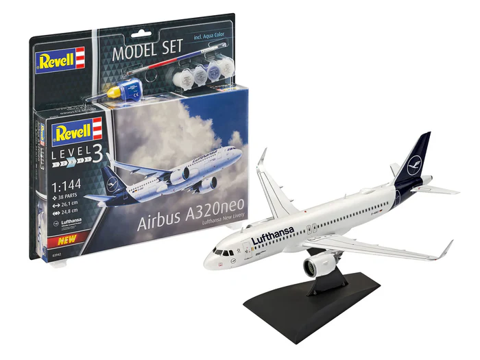 Revell 63942 Airbus A320neo Lufthansa New Livery Model Set + farby + štetec + lepidlo 1:144, 38 dielov