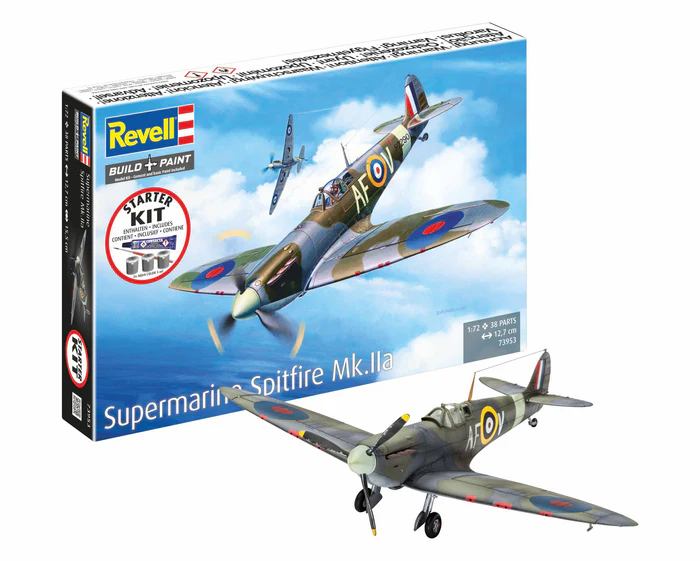 Revell 73953 Spitfire Mk.IIa Model Starter Set plastikový model lietadla 1:72, 38 dielov + farby + lepidlo + štetec