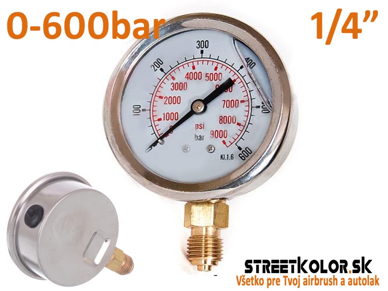 Glycerínový tlakomer 0-600bar, Spodný závit: 1/4"