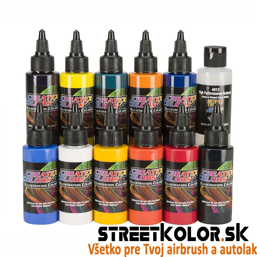 CreateX Set nepriehľadných ilustračných airbrush farieb 12 x 30 ml 