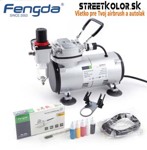 Airbrush set FENGDA: Kompresor FD18-2 a pištoľ FE-130 + hadica + kefky+farby