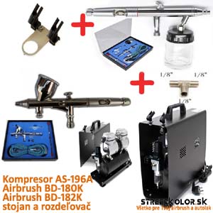 Airbrush set FENGDA: Kompresor AS-196A + pištoľ BD-180K + pištoľ BD-182K